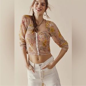 NEW Free People Angelina Lace Top in Light Pink Yellow Floral Combo